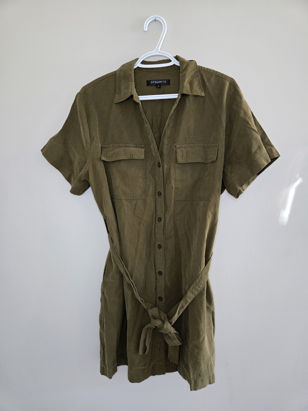 Dynamite Olive Green Utility Cargo Style Button Up Belted Shirt Dress - New